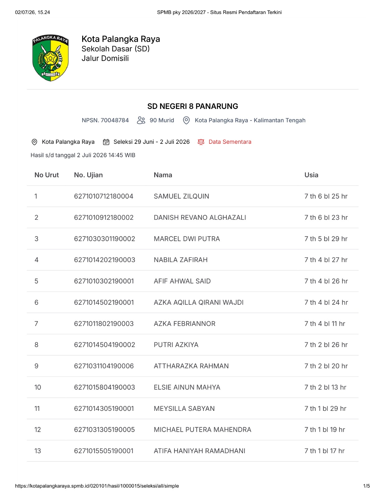 Hasil SPMB Jalur Domisili